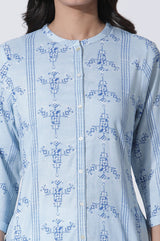 Women's Blue Geometric Ikat Print Straight Woven Kurta And Pants