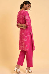 Women's Pink Floral Printed Straight Cotton Kurta and Pants