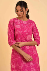 Women's Pink Floral Printed Straight Cotton Kurta and Pants
