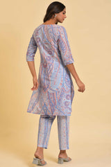Women's Light Blue Paisley Printed Lace Straight Cambric Kurta And Trouser