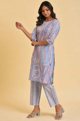 Women's Light Blue Paisley Printed Lace Straight Cambric Kurta And Trouser
