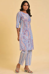 Women's Light Blue Paisley Printed Lace Straight Cambric Kurta And Trouser