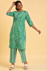 Women's Green Paisley Print Straight Cotton Kurta and Trouser Set