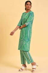 Women's Green Paisley Print Straight Cotton Kurta and Trouser Set