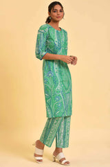 Women's Green Paisley Print Straight Cotton Kurta and Trouser Set