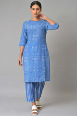 Women's Blue Geometric Polka Dot Printed Straight Cotton Kurta and Pants Co-ord Set