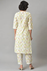 Women's Ecru Floral Printed Lace Straight Cotton Kurta And Pant