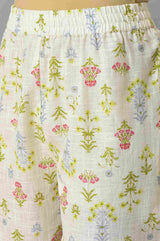 Women's Ecru Floral Printed Lace Straight Cotton Kurta And Pant
