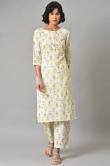 Women's Ecru Floral Printed Lace Straight Cotton Kurta And Pant