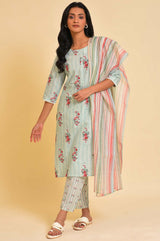Women's Green Floral Printed Lace Straight Cotton Kurta with Trouser and Dupatta