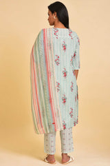 Women's Green Floral Printed Lace Straight Cotton Kurta with Trouser and Dupatta