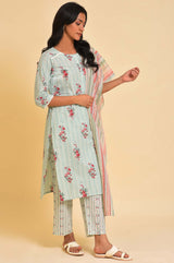 Women's Green Floral Printed Lace Straight Cotton Kurta with Trouser and Dupatta