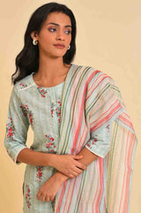 Women's Green Floral Printed Lace Straight Cotton Kurta with Trouser and Dupatta