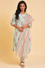 Women's Green Floral Printed Lace Straight Cotton Kurta with Trouser and Dupatta