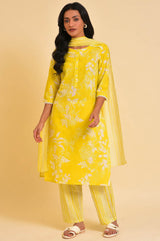 Women's Yellow Floral Printed Lace Straight Cotton Kurta With Trouser And Dupatta