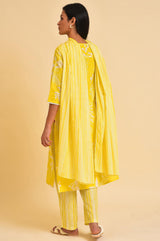 Women's Yellow Floral Printed Lace Straight Cotton Kurta With Trouser And Dupatta