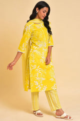 Women's Yellow Floral Printed Lace Straight Cotton Kurta With Trouser And Dupatta