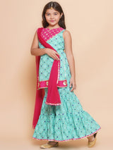 Girls Green Ethnic Printed Sleeveless Kurta and Sharara With Dupatta