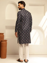 Men's Navy Cotton Silk Thread Embroidered Long Kurta with Golden Accents
