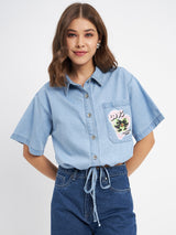 Women's Light Blue Casual Half Sleeve Graphic Print Cotton Shirt