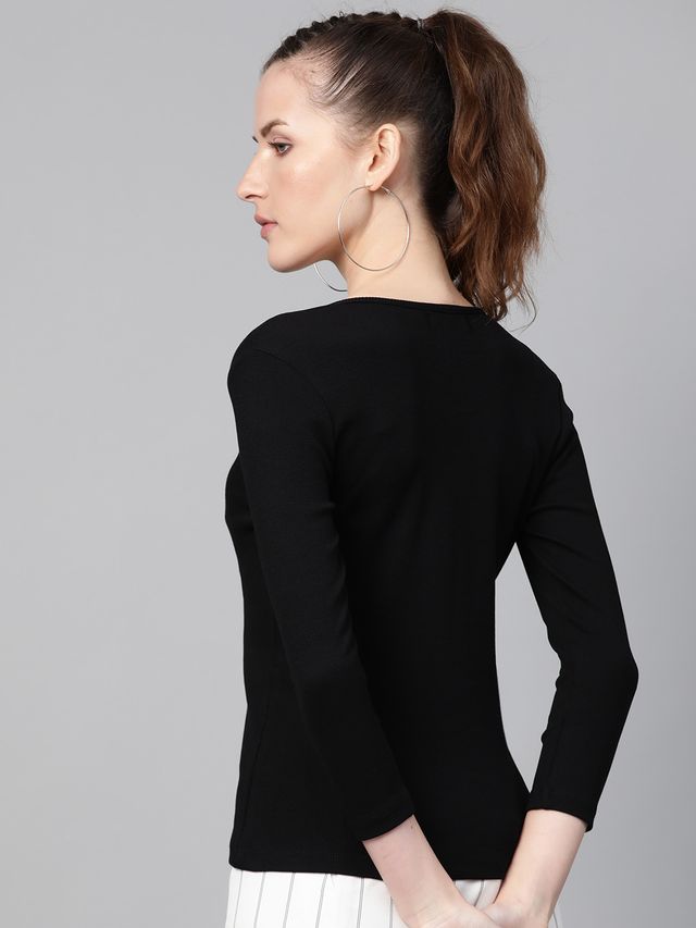 Women's Black Rib V-Neck T-Shirt