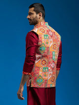 Men's Multicolor Crepe Printed Embroidered Sequinned Full Sleeves Nehru Jacket
