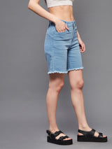 Women's Light Blue Regular High Rise Clean Look Above Knee Stretchable Denim Shorts