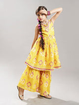 Girls Yellow Ethnic Motifs Printed Anarkali Shape Kurta with Elasticated Waistband Sharara