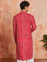 Men's Red Rayon Bandhani Printed Navratri Special Kurta