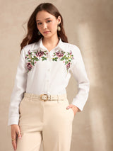 Women's Off White Casual Self-Design Full Sleeves Shirt