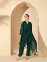 Women's Green Embellished Shirt Collar Tunic and Trousers