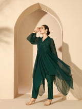 Women's Green Embellished Shirt Collar Tunic and Trousers
