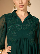 Women's Green Embellished Shirt Collar Tunic and Trousers