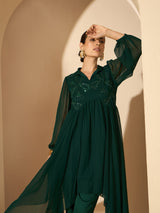 Women's Green Embellished Shirt Collar Tunic and Trousers