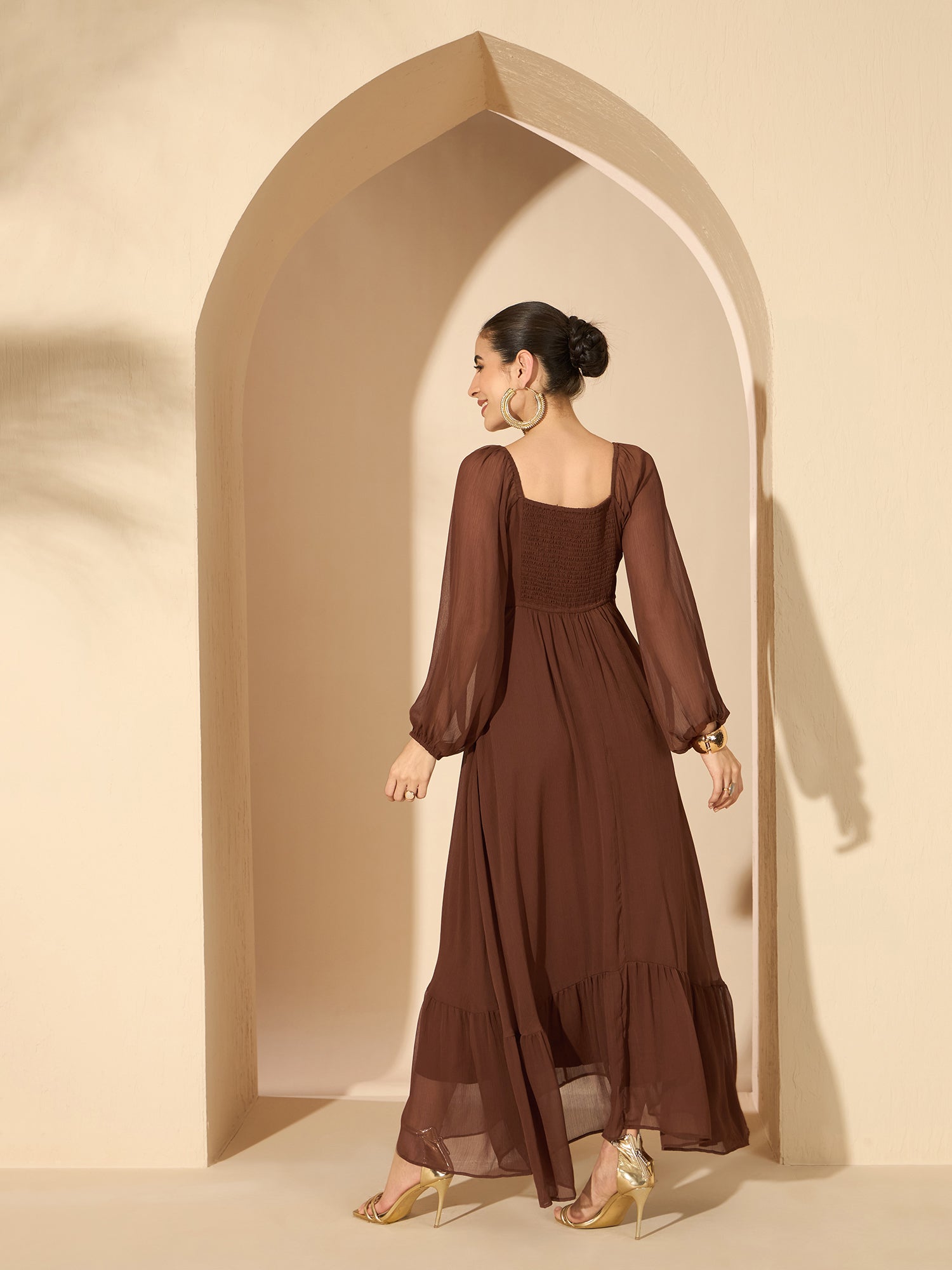 Women's Brown Embellished Ruffles Maxi Dress