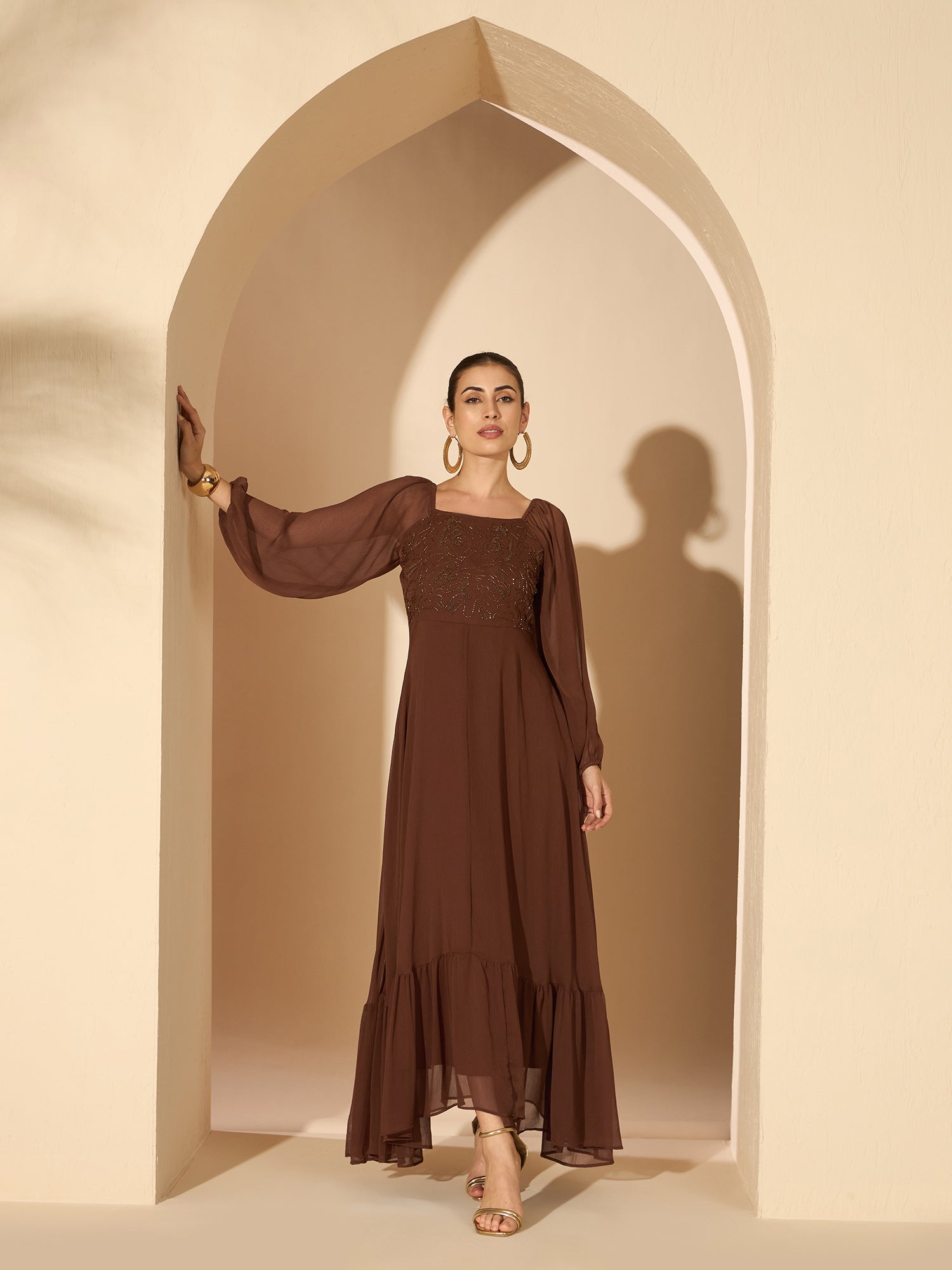 Women's Brown Embellished Ruffles Maxi Dress