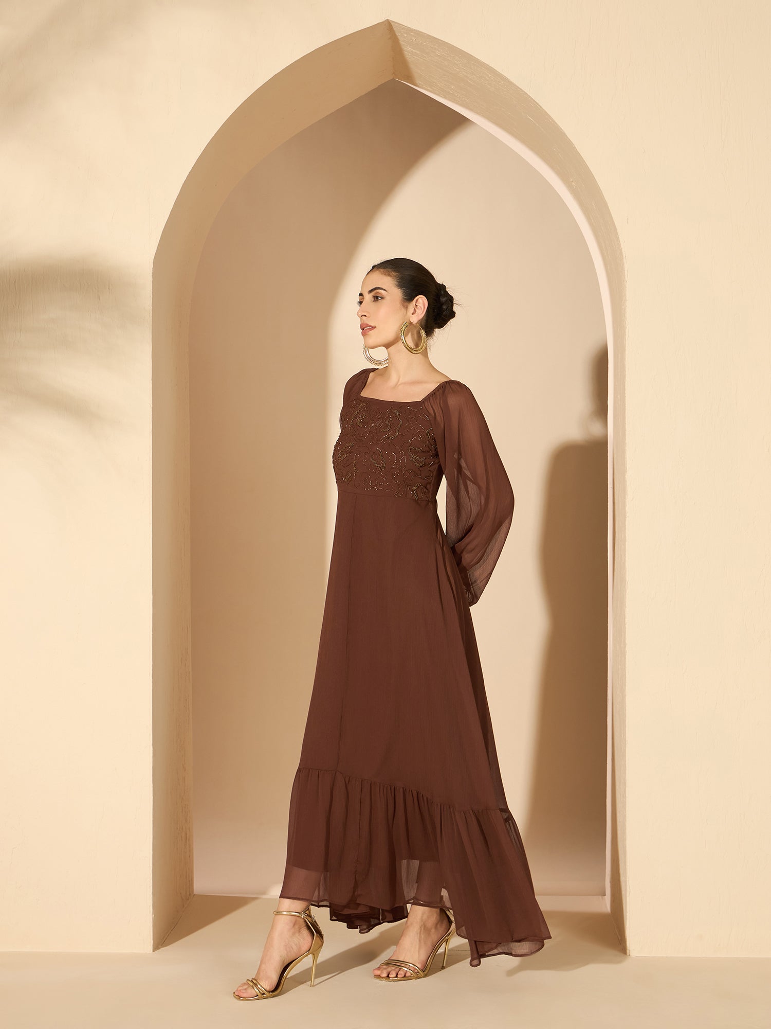 Women's Brown Embellished Ruffles Maxi Dress
