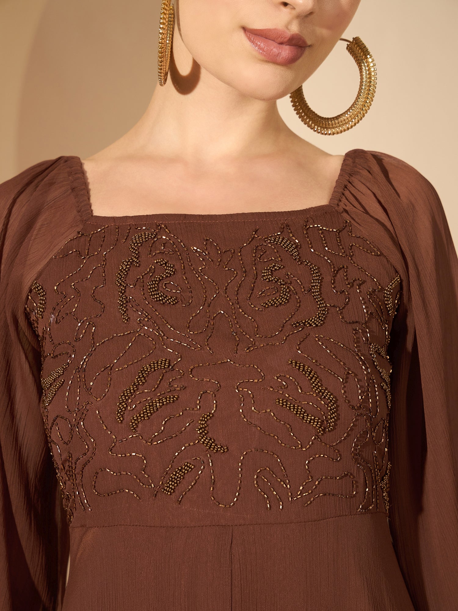 Women's Brown Embellished Ruffles Maxi Dress