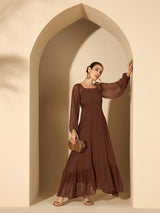 Women's Brown Embellished Ruffles Maxi Dress