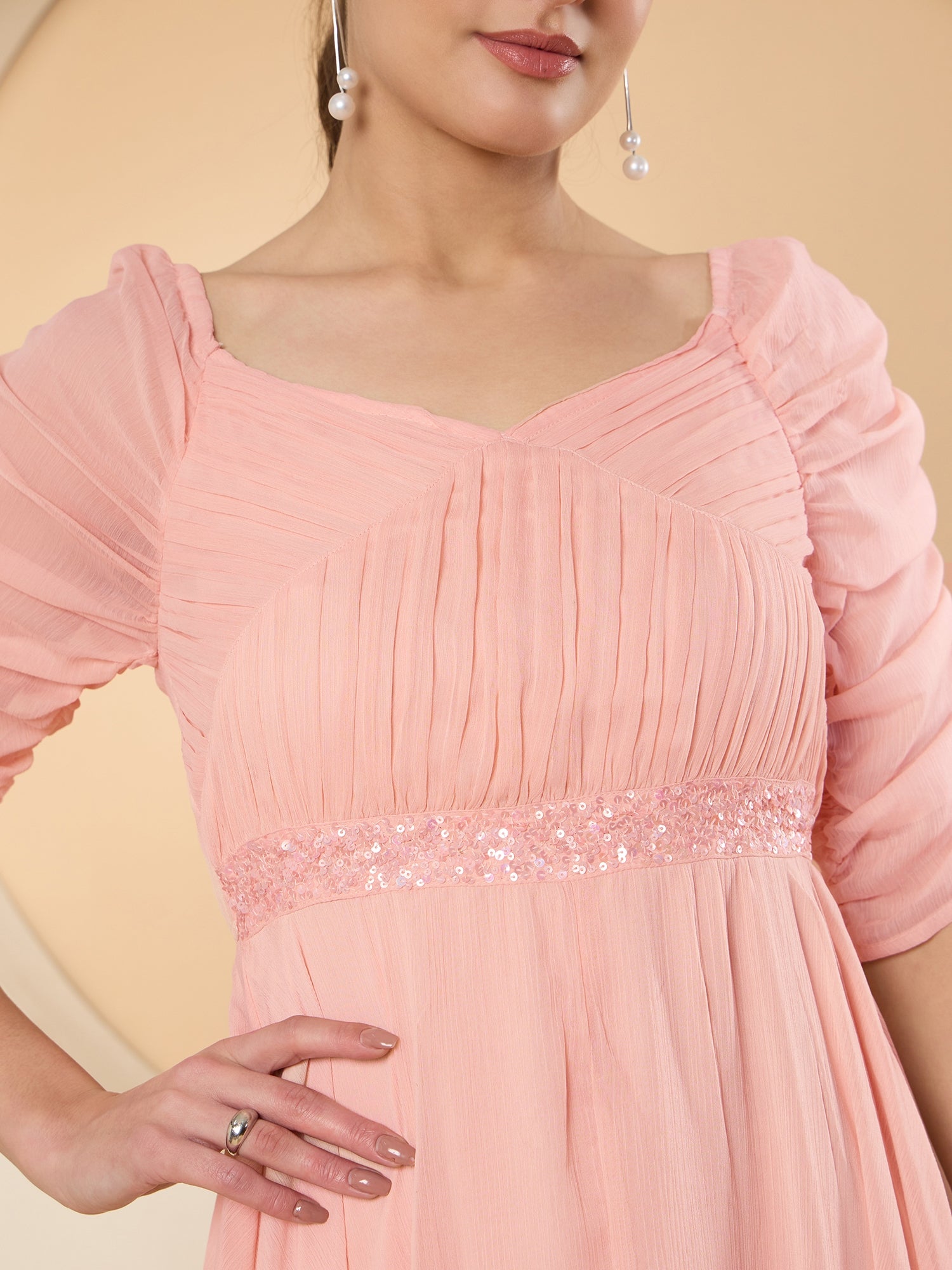 Women's Peach Chiffon Maxi Embellished Dress