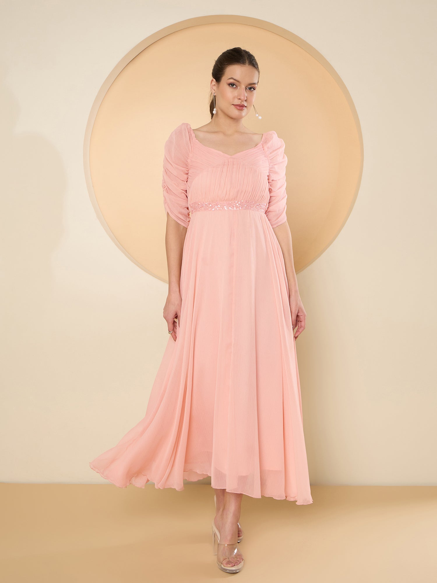 Women's Peach Chiffon Maxi Embellished Dress