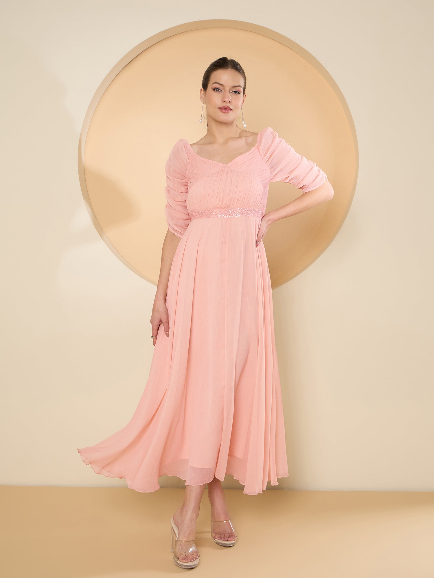 Women's Peach Chiffon Maxi Embellished Dress