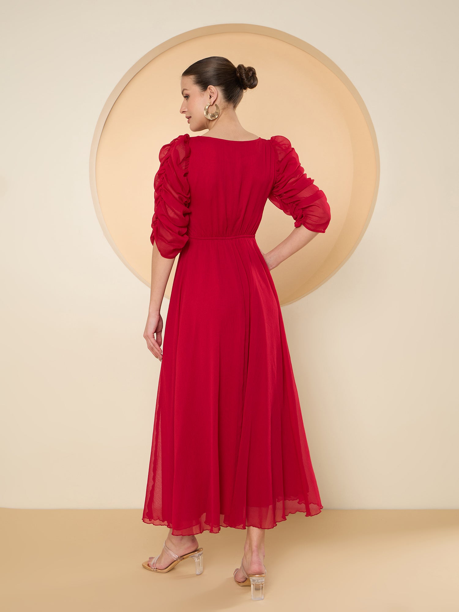 Women's Red Puff Sleeve Chiffon Maxi Dress