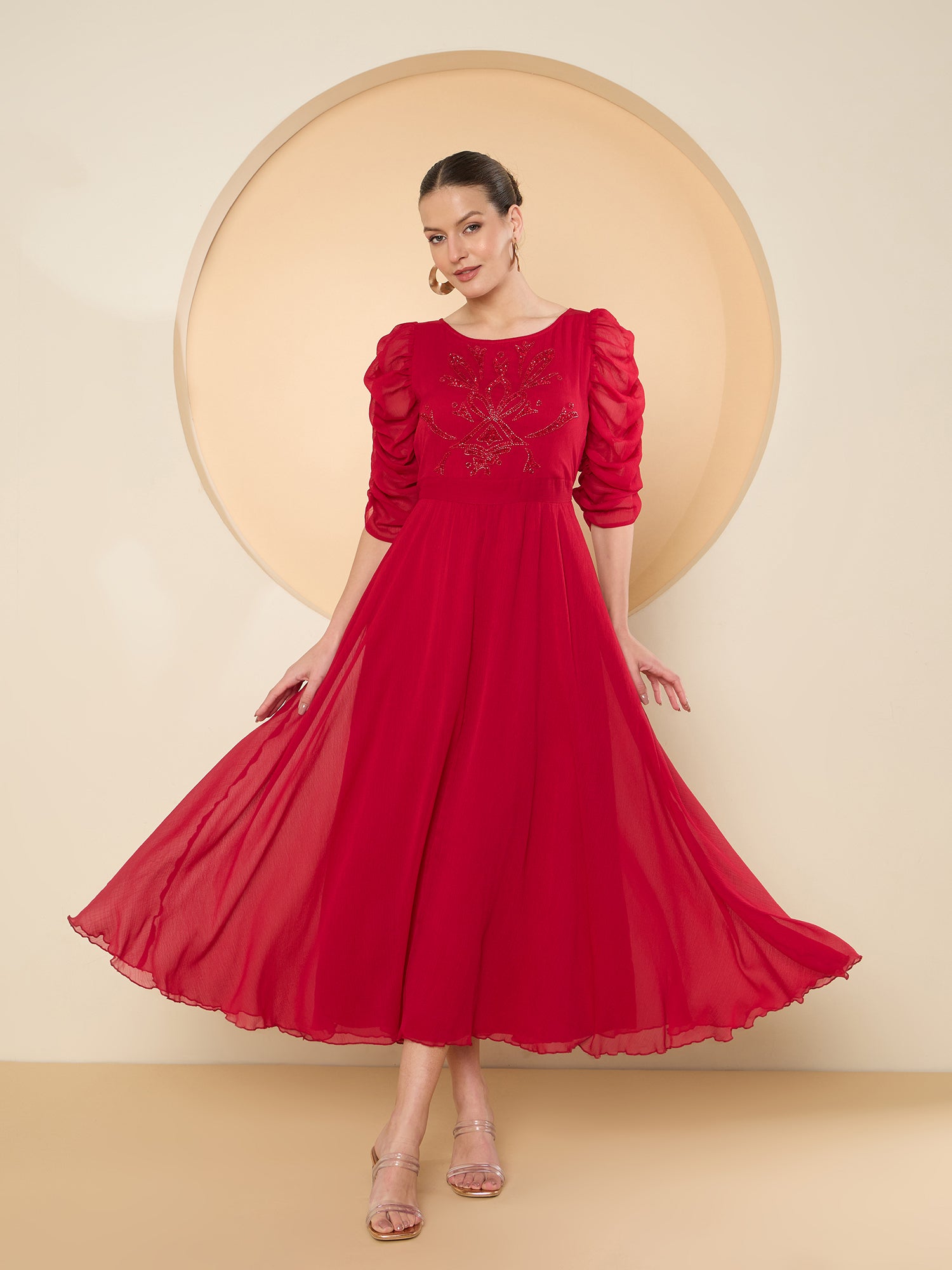 Women's Red Puff Sleeve Chiffon Maxi Dress