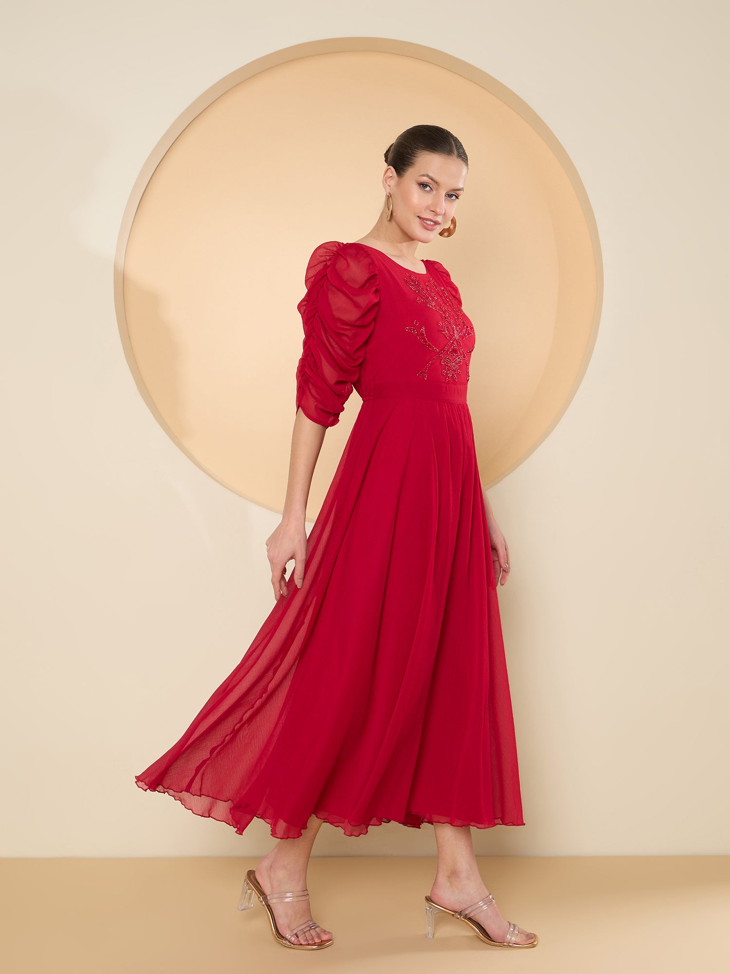 Women's Red Puff Sleeve Chiffon Maxi Dress