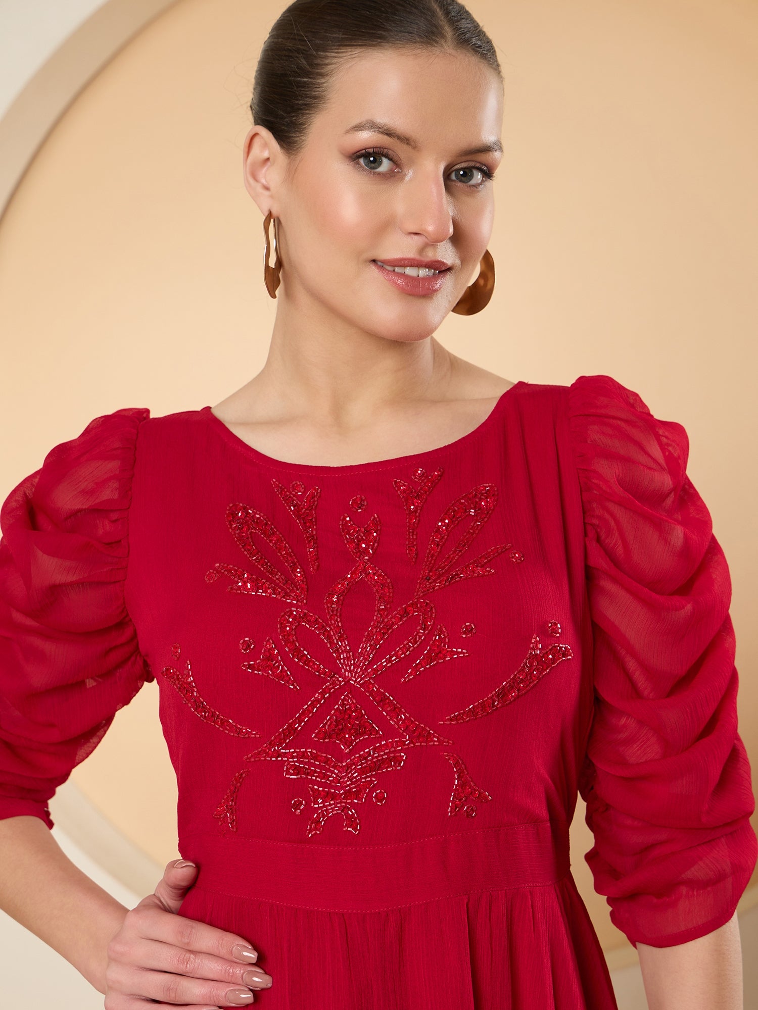 Women's Red Puff Sleeve Chiffon Maxi Dress