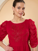 Women's Red Puff Sleeve Chiffon Maxi Dress