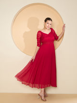 Women's Red Chiffon Embellished Maxi Dress