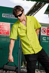 Unisex Lime Green Textured Oversized Fit Resort Cuban Collar Korean Shirt