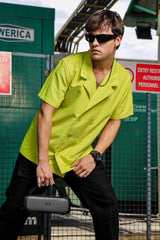 Unisex Lime Green Textured Oversized Fit Resort Cuban Collar Korean Shirt